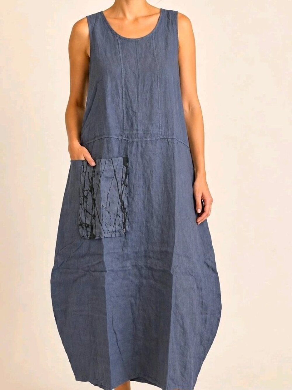 BOBORE Linen Dress Womens S/M Blue Sleeveless cocoon Lagenlook Pocket Italy NWT